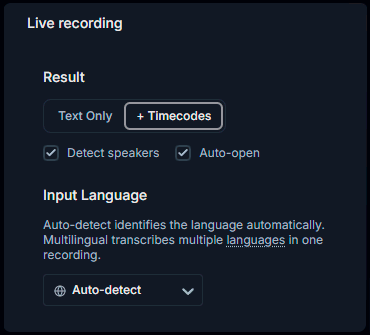 Click Text only or with Timecodes and Detect speakers