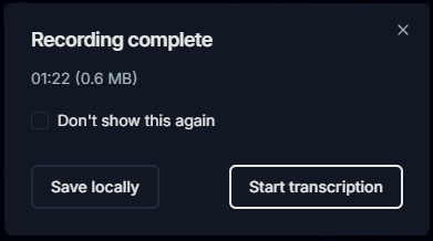 Klik op de knop Save locally of Start transcription