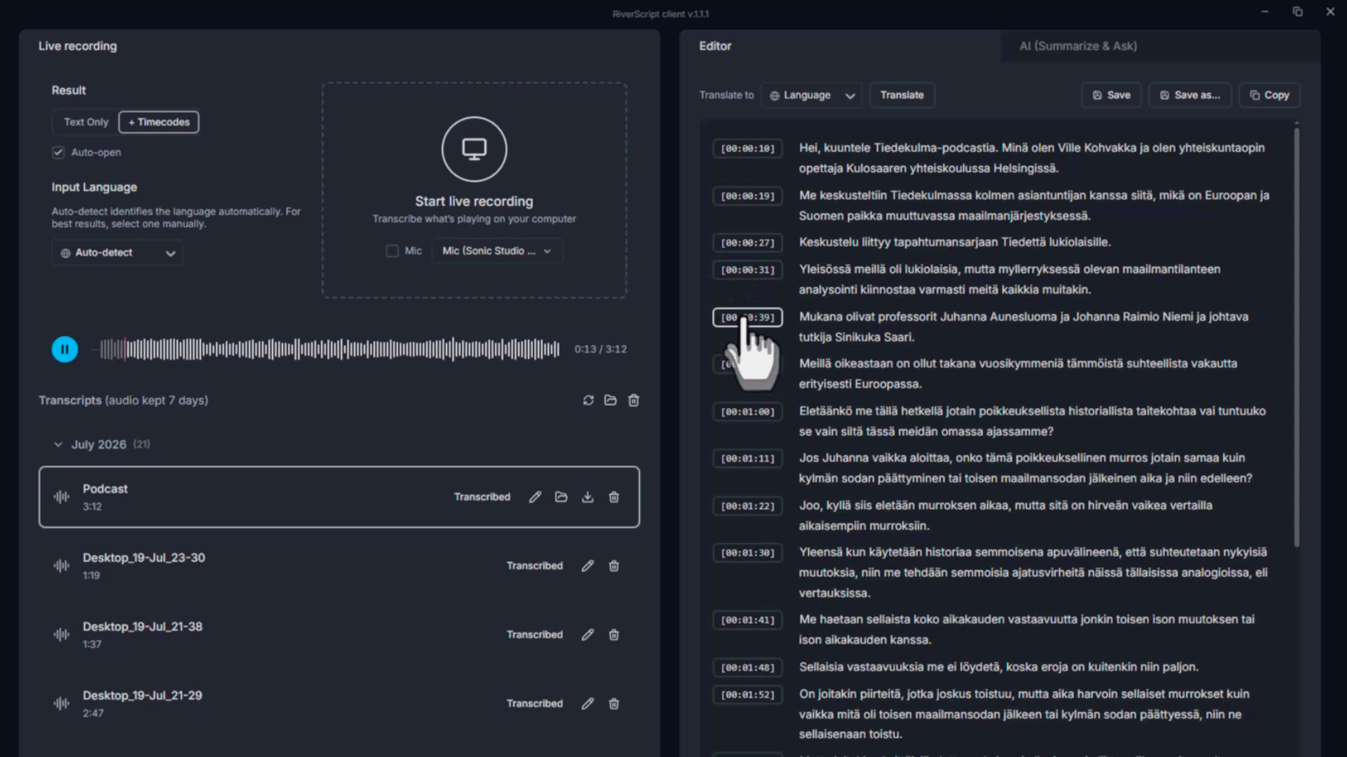Click on the timecode and find the episode from a podcast