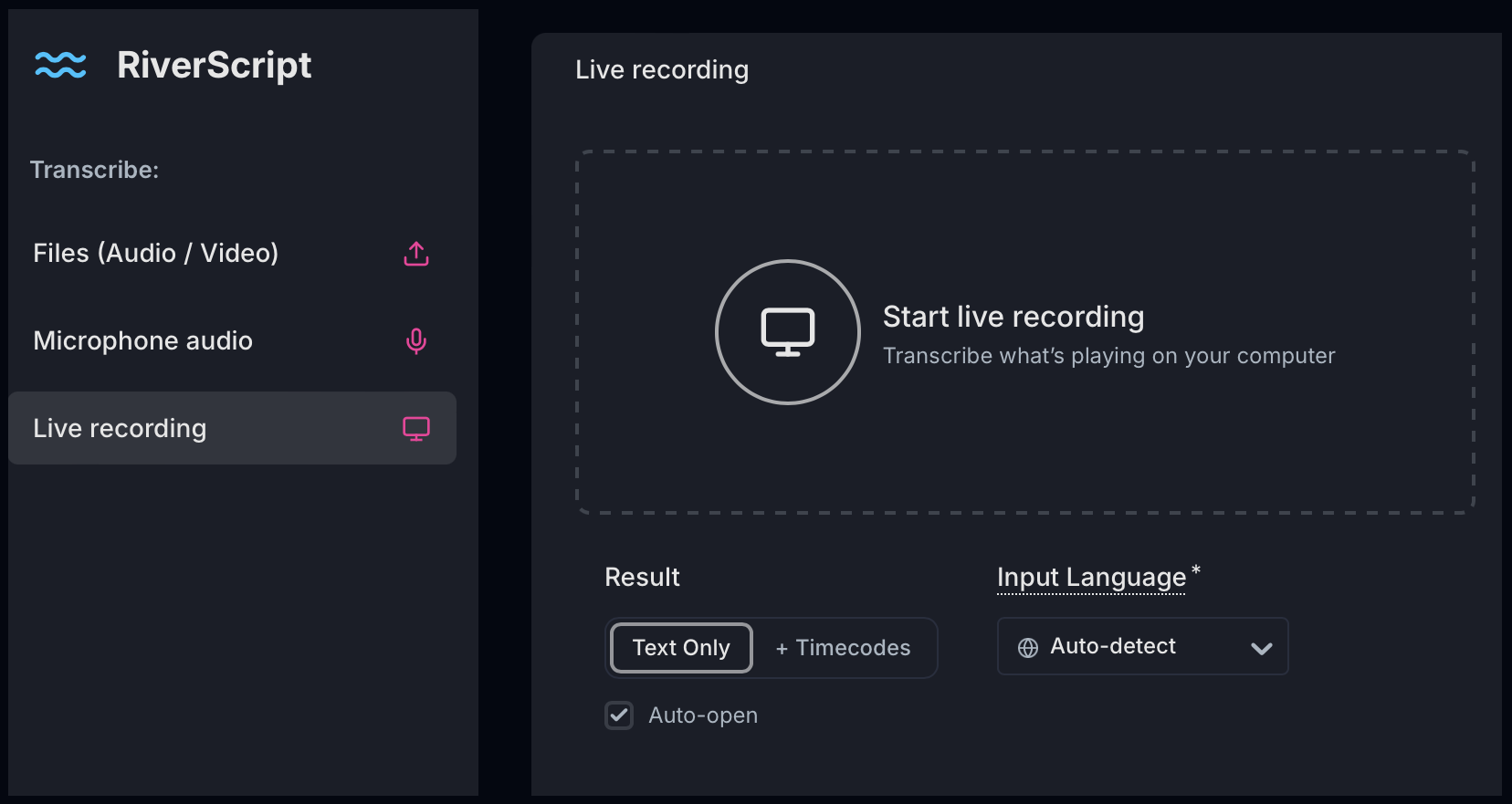 Click the Start live recording button