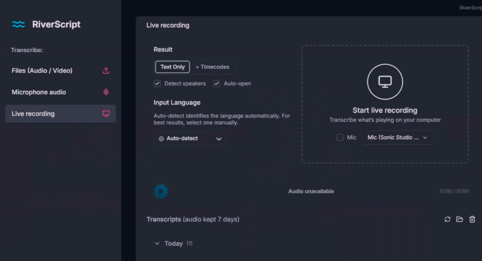 Click Start Live Recording and turn on Mic