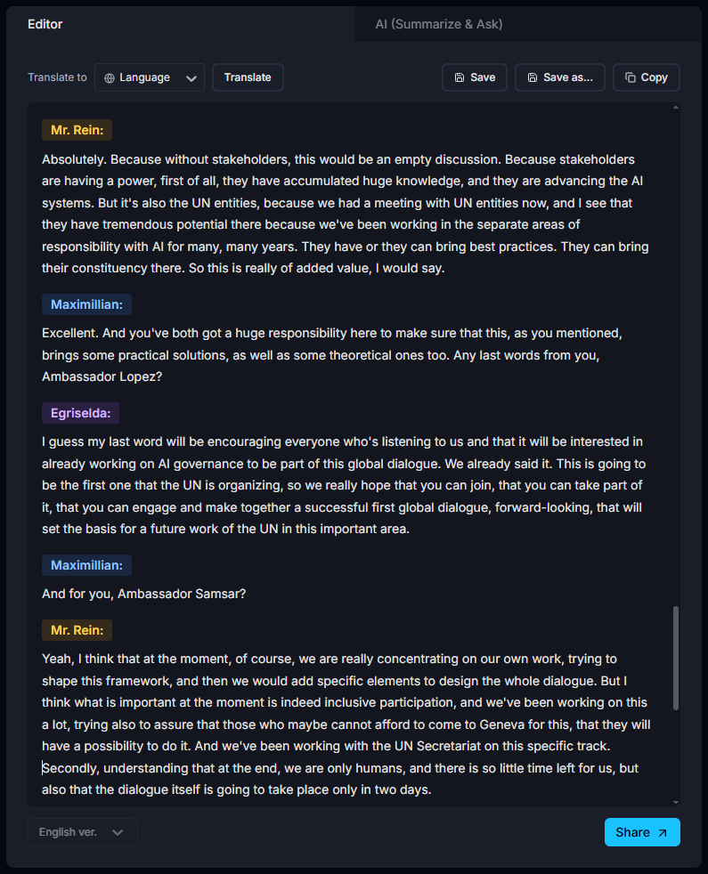 Text of the transcribed file in the editor
